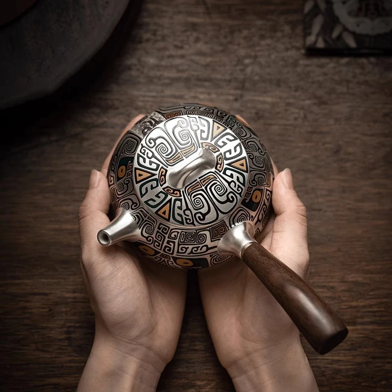 Silber-Teeset, 999er reines Silber, seitlicher Griff, Steinkelle, Teekanne, handgefertigt, vergoldete Silber-Teekanne, Haushalt, Kung-Fu-Teekanne Image