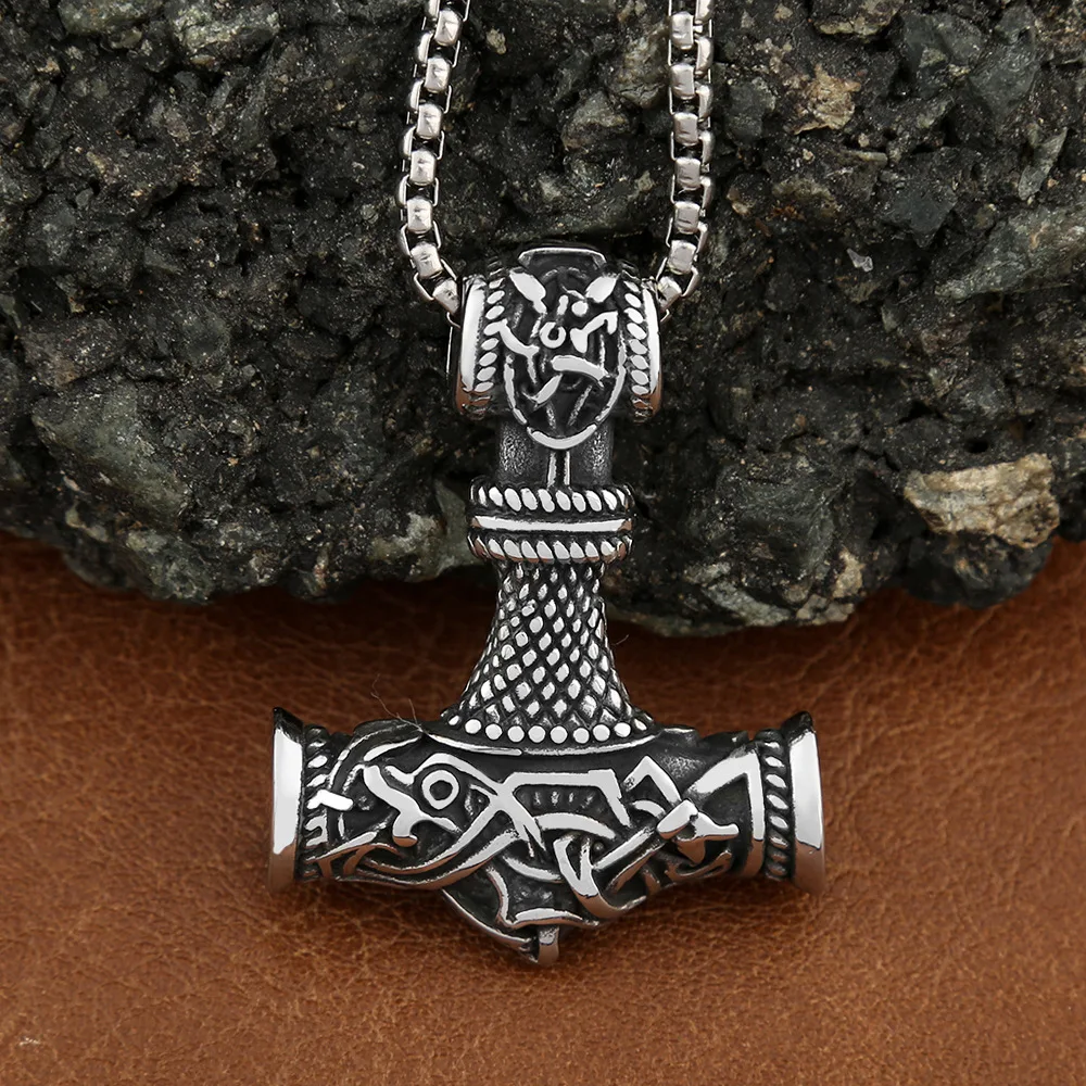 Einzigartige Edelstahl Wikinger Thor Hammer Anhänger Vintage skandinavische Rune Halskette für Männer Punk Schmuck Zubehör Großhandel Image