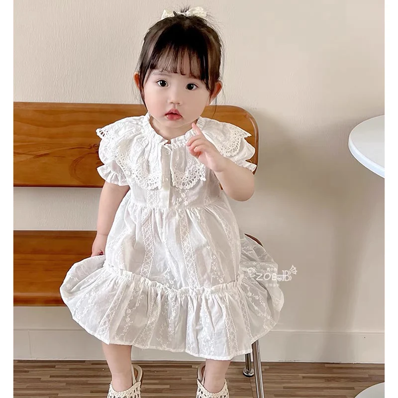 Sommer Neue Baby Mädchen Kleid Mädchen Süße Mädchen Kleid Rüschen Trim Party Prinzessin Kleid Spitze Kragen Ausgehen Casual Kleider Kleidung Image
