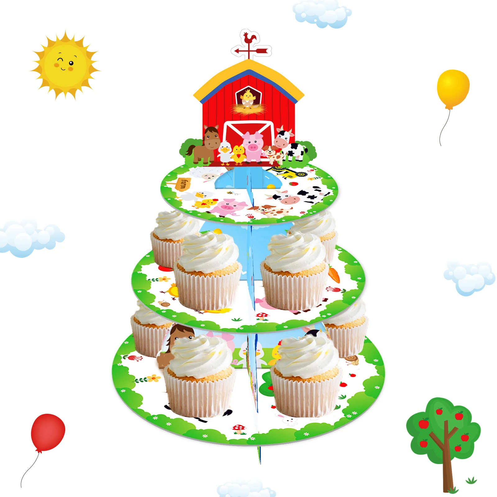 3 tier Cartoon Bauernhof Tiere Party Kuchen Display-ständer Geburtstag Cupcake Rack Stehen Baby Dusche Party Dessert Kuchen Tablett Dekoration Image
