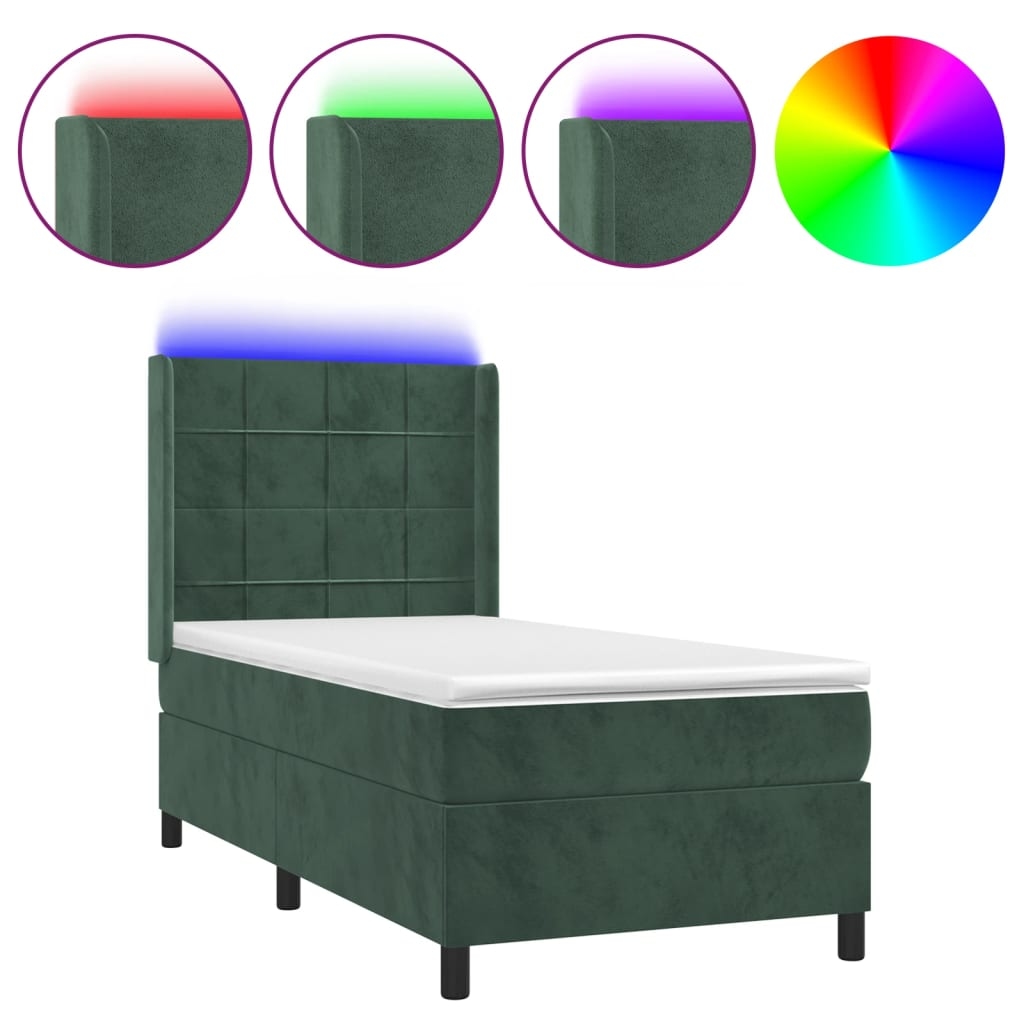 vidaXL Boxspringbett mit Matratze & LED Dunkelgrün 90x200 cm Samt Image