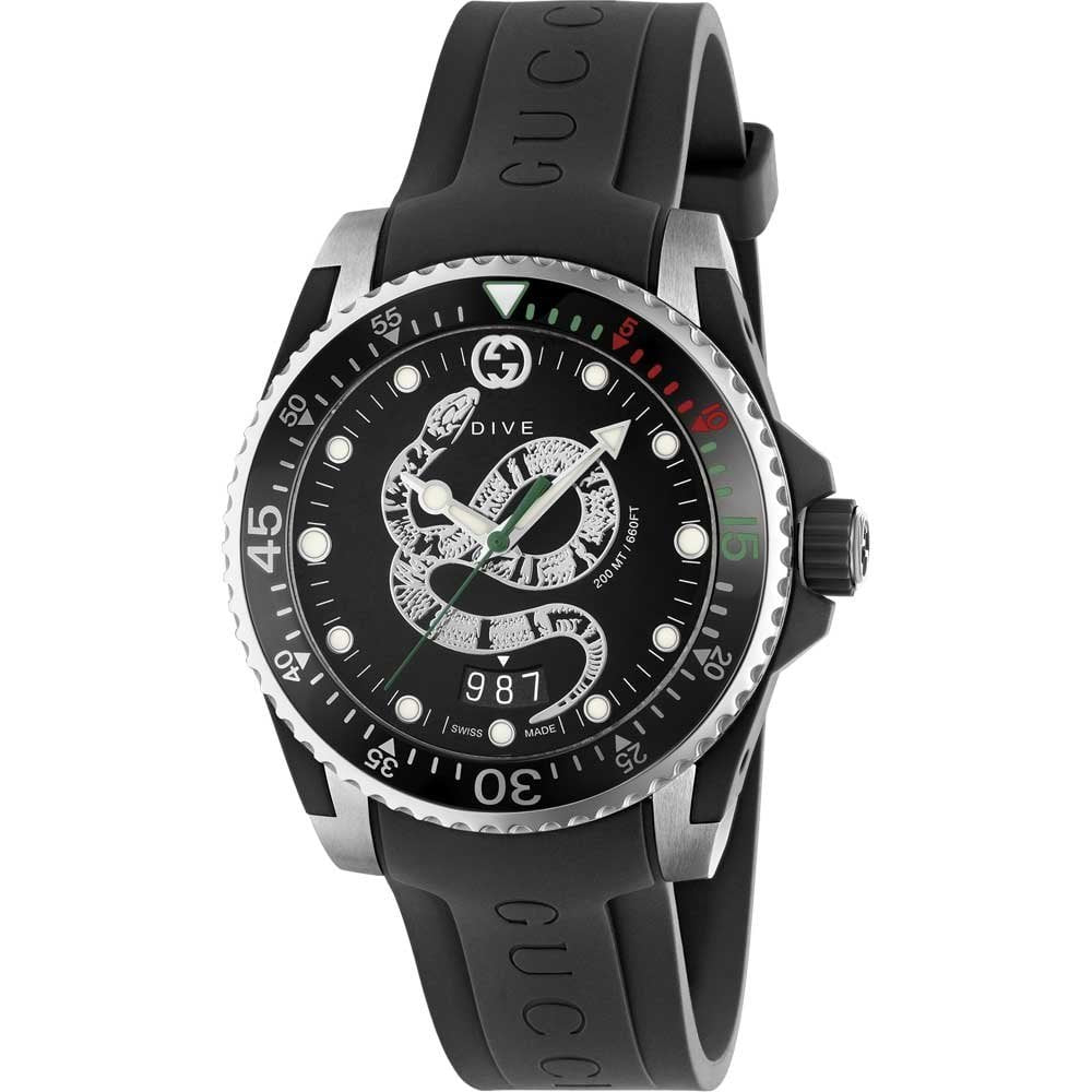 Gucci YA136323 Dive Snake Dial 40mm Unisex Watch - Black Silicone - One Size | Gucci Sale | Discount Designer Brands