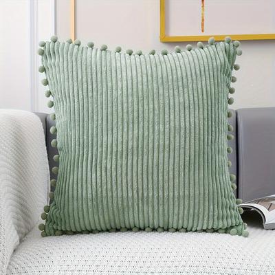 TEMU Chic Corduroy Throw Pillow Cover With Pom-poms - Soft, Striped Case For Living Room & Bedroom Decor, Weddings, Birthdays & Festivals