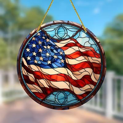 TEMU 1pc American Flag Round Acrylic Suncatcher - Patriotic Stained Glass-style Hanging Ornament With Lanyard, ( 4th) Celebrations, Window, Porch & Wall Decor, Decorations