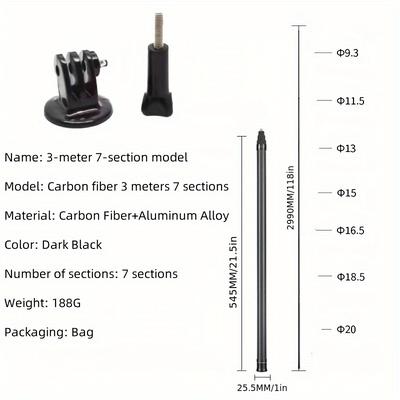 TEMU Adjustable Extension Pole /118in Carbon Fiber Invisible Pole With 1/4 Inch Screw, Compatible With 360×3×4 Sports Camera Handheld Panoramic Selfie Pole Image