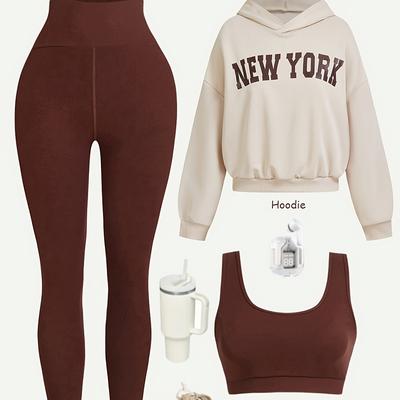 TEMU Women's Slimming Basic Loose Sweatshirt With Printed Solid Color Slimming Sports Three-piece Set Image