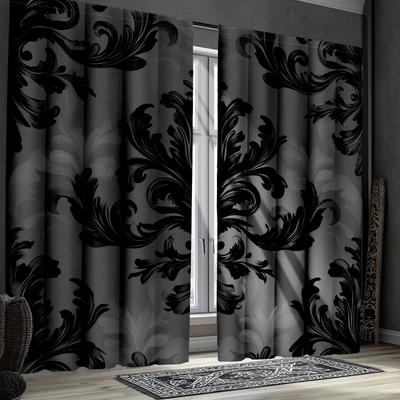 TEMU 2pcs Gothic Black Damask Curtains With Bull & Vintage Floral Baroque Design - Semi-transparent, Rod Pocket, Machine Washable Polyester For Living Room & Bedroom , Curtains For Living Room Image