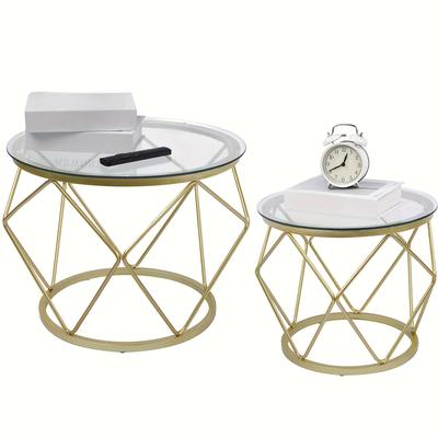 TEMU Table, Round End Table Set Of 2, Coffee Table With Metal Frame And Tempered Glass Top, Modern Accent Side Table For Living Room, Bedroom, Office, Golden Image