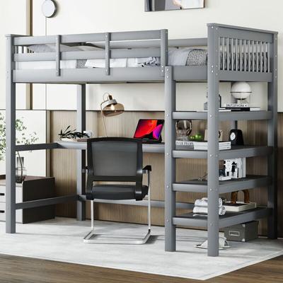 Hochbett, 90 x 200, Hochbett für Kinder mit Stauraum und Schreibtisch unter dem Bett, ohne Image