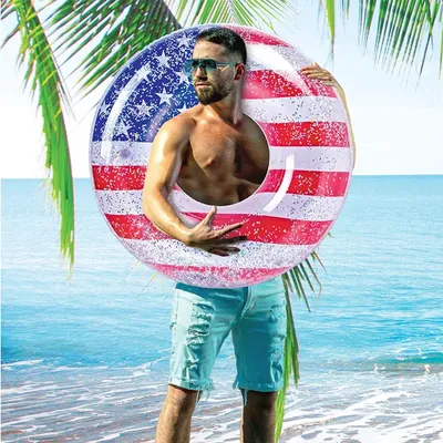 Sparkling American Flag Inflatable Swimming Ring with Silvery Stars, UV-Resistant Pool Float for Independence Day & Summer Fun