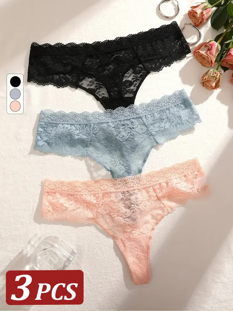3Pcs Frauen Spitze Sexy Thongs Low-Rise Briefs Sexy Weiche Damen Unterwäsche Trendy Floral Unterhose Weibliche Blumige Panty dessous Image