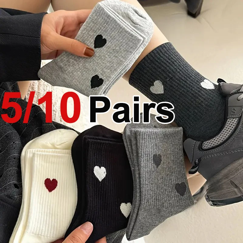 5/10 Paar Damen-Mittelrohrsocken mit herzförmigem Muster, modischer Druck, weich, bequem, schweißabsorbierend, atmungsaktiv Image