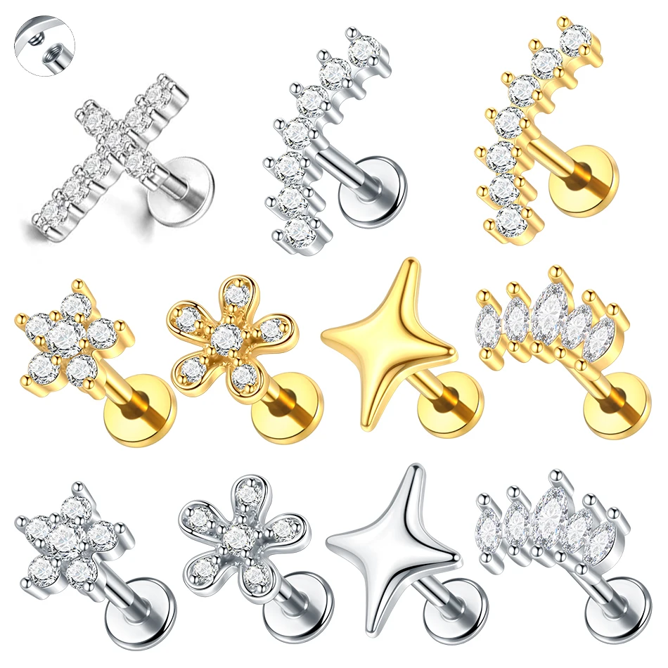 1/5 pièces 316L acier chirurgical Tragus Piercing boucle d'oreille filetage interne fleur Labret Monroe Cartilage Helix oreille bijoux