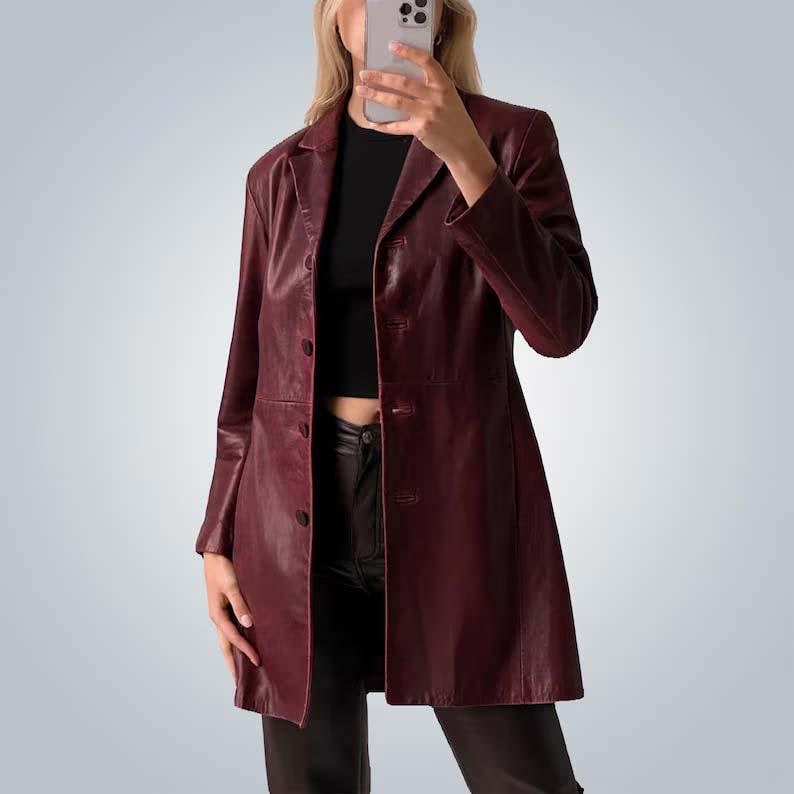 Trench in pelle bordeaux vintage anni '90, classico cappotto lungo marrone, giacca invernale da donna retrò in vera pelle fatta a mano