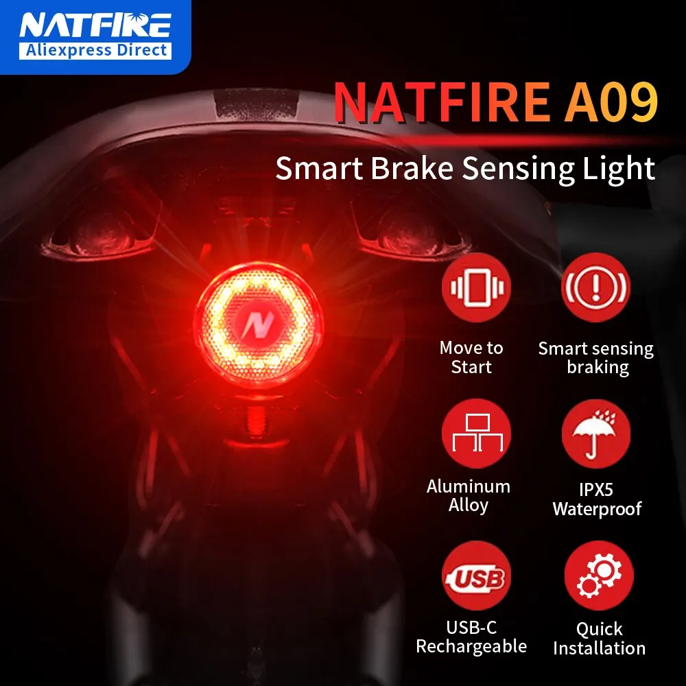 NATFIRE A09 Luce di rilevamento del freno automatico intelligente per bicicletta Impermeabile USB C Ricarica LED Fanale posteriore per bicicletta Accessori per luci posteriori per bici