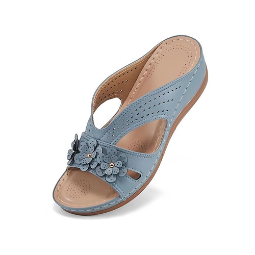 elegante Keilsandalen mit Blumenmuster und Cut-outs für Damen – bequeme Sommerschuhe mit dekorativen Blumen, ideal für den Alltag oder Gartenpartys Image