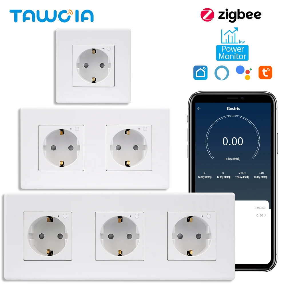TAWOIA Singolo ZigBee Presa a muro Monitor di energia Doppio contatore intelligente Prese Google Smart Life App Alexa Prese triple Plastica UE