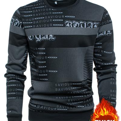 TEMU 1pc Men's Casual Crew Neck Sweatshirt - Fleece Lined Long Sleeve Pullover With Alphabet Pattern, Knit Fabric, Slight Stretch, Regular Fit - Stylish & Warm For Travel & Home