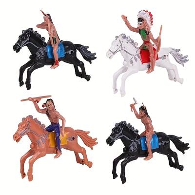 TEMU 4pcs Western Cowboy And Tribal Miniature Figures Set, Plastic Action Poses Rider Statues, Collectible Desktop Decor, For Ideal Birthday Gift