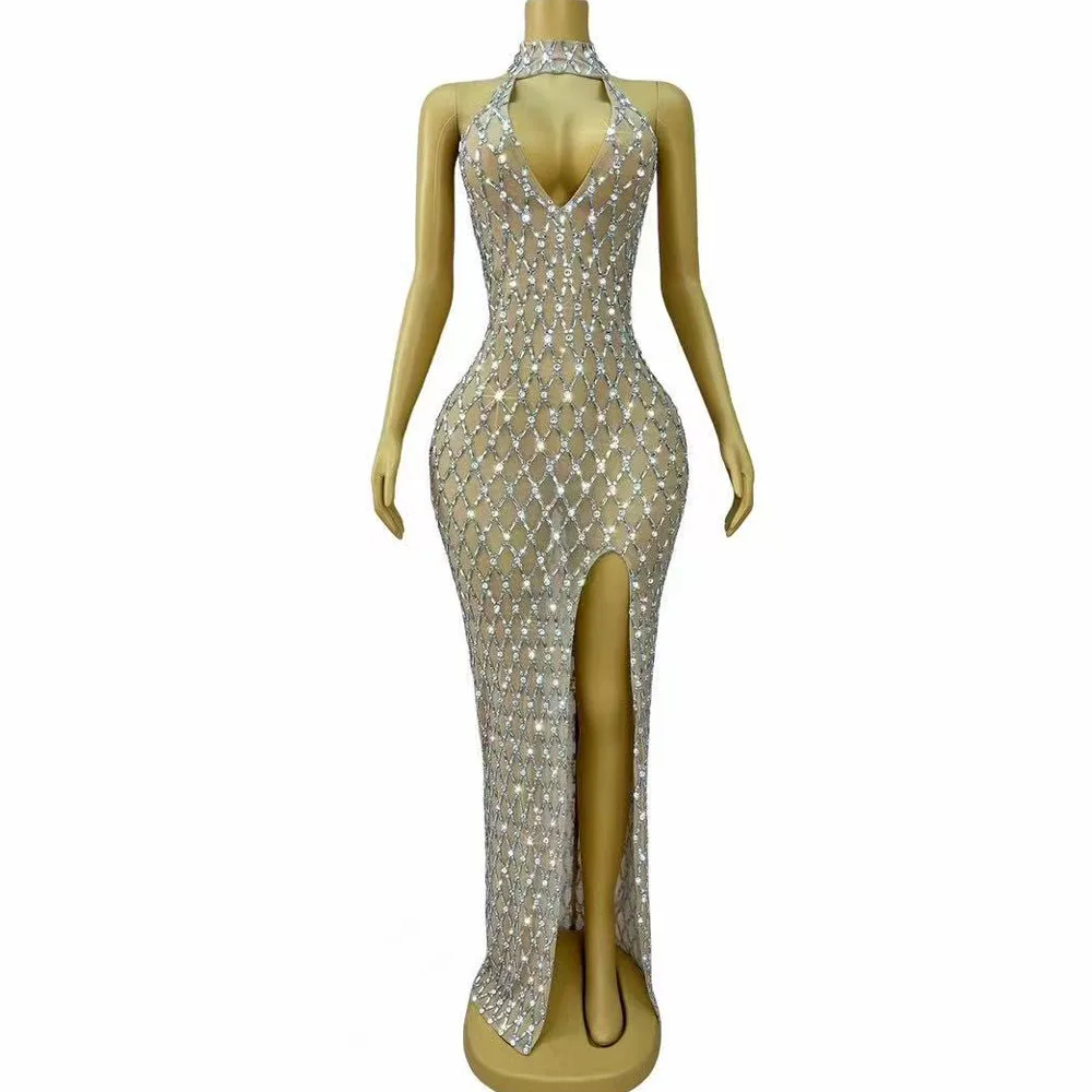 Luxuriöses glitzerndes Gold-Silber-Strass-Sexy-Kleid mit V-Ausschnitt, rückenfrei, elegantes Abend-Cocktail-Partykleid, Bühnenoutfit auf dem roten Teppich