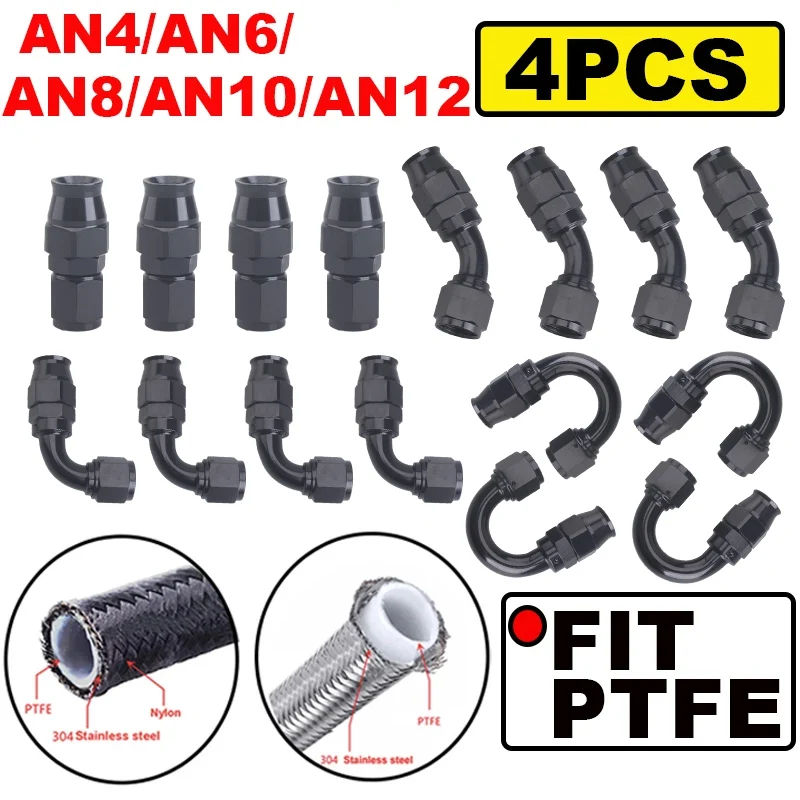 4 Stück AN4/6/8/10/12 gerade/45 ° /90 ° /180 ° Grad wiederverwendbarer Schlauchendeanschlussadapter für drehbare PTFE-Schlauchendverschraubung für Ölkraftstoffleitung Image