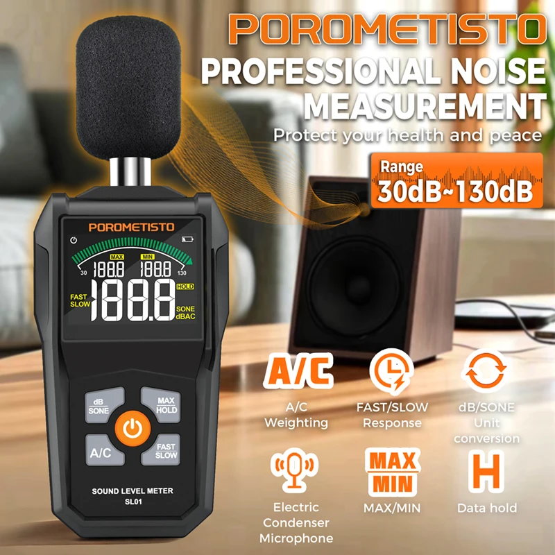 POROMETISTO-SL01 Digitaler Schallpegelmesser, Audio-Messgerät, Dezibel-Monitor, 30–130 dB Dezibel-Messgerät, tragbares Geräuschmessgerät Image