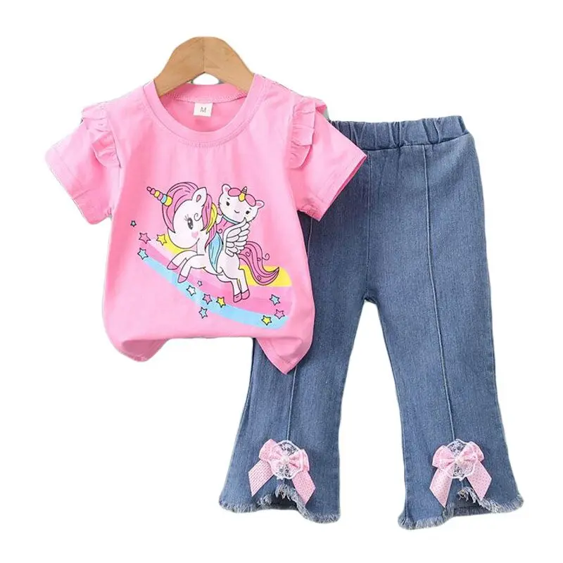 2024 neue kinder Set Mädchen Sommer Cartoon Gedruckt Kurzarm + Cowboy Hosen Infant Mode Set 0-4 jahre Alt Image