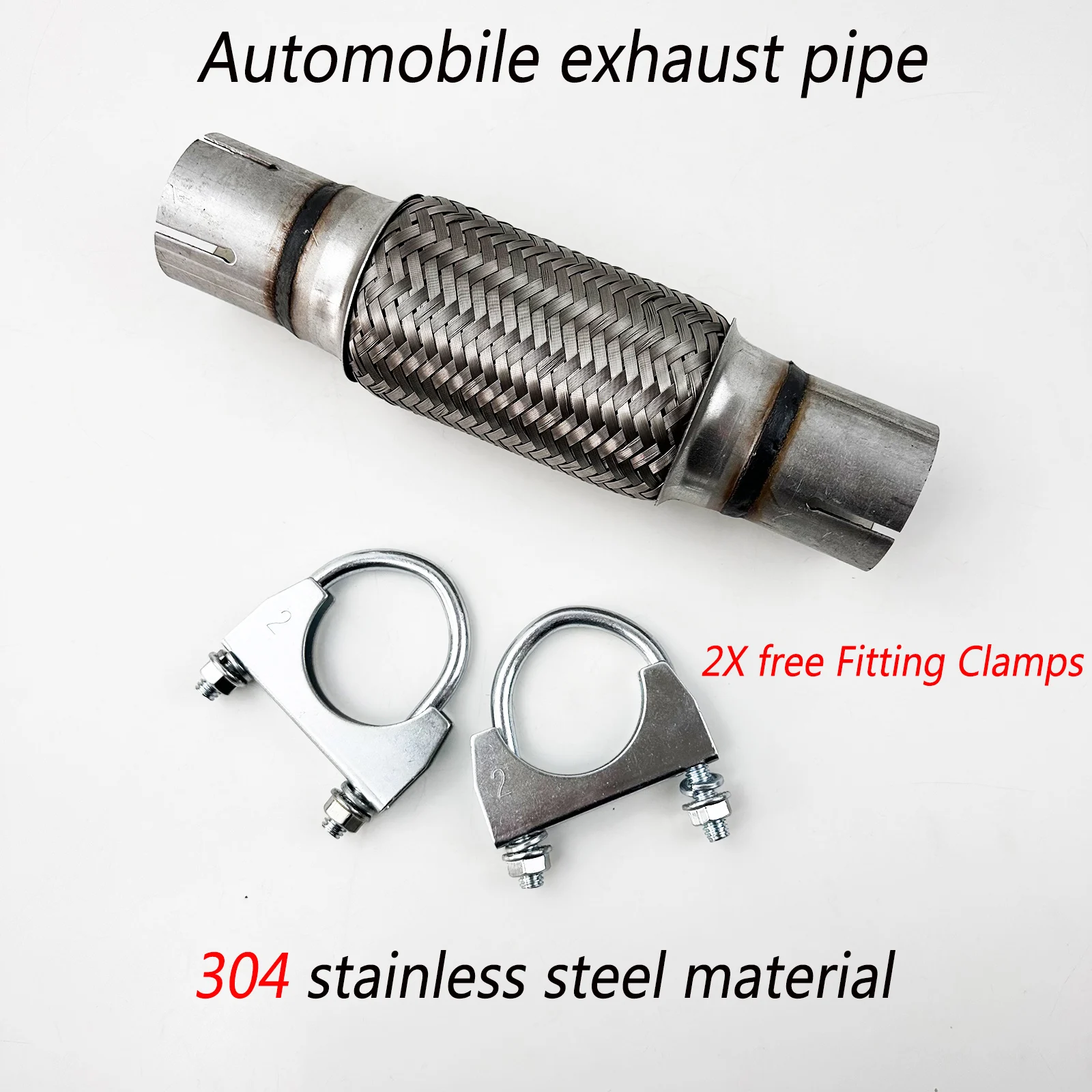 2 kostenlose Befestigungsklemmen, universelles flexibles Auspuffrohr für Autos, doppelt geflochten, flexibler Auspuff-Schalldämpfer, Endrohr aus Edelstahl Image