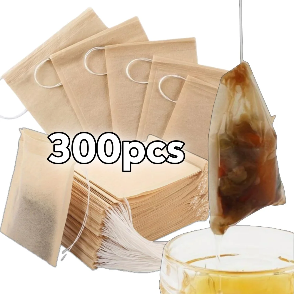 300 Stück Filterpapiertüten mit Kordelzug für Kaffee, Tee, natürlich, biologisch abbaubar, Einweg-Brüher, leeres Tee-Ei, Beutel-Set zum Brauen Image