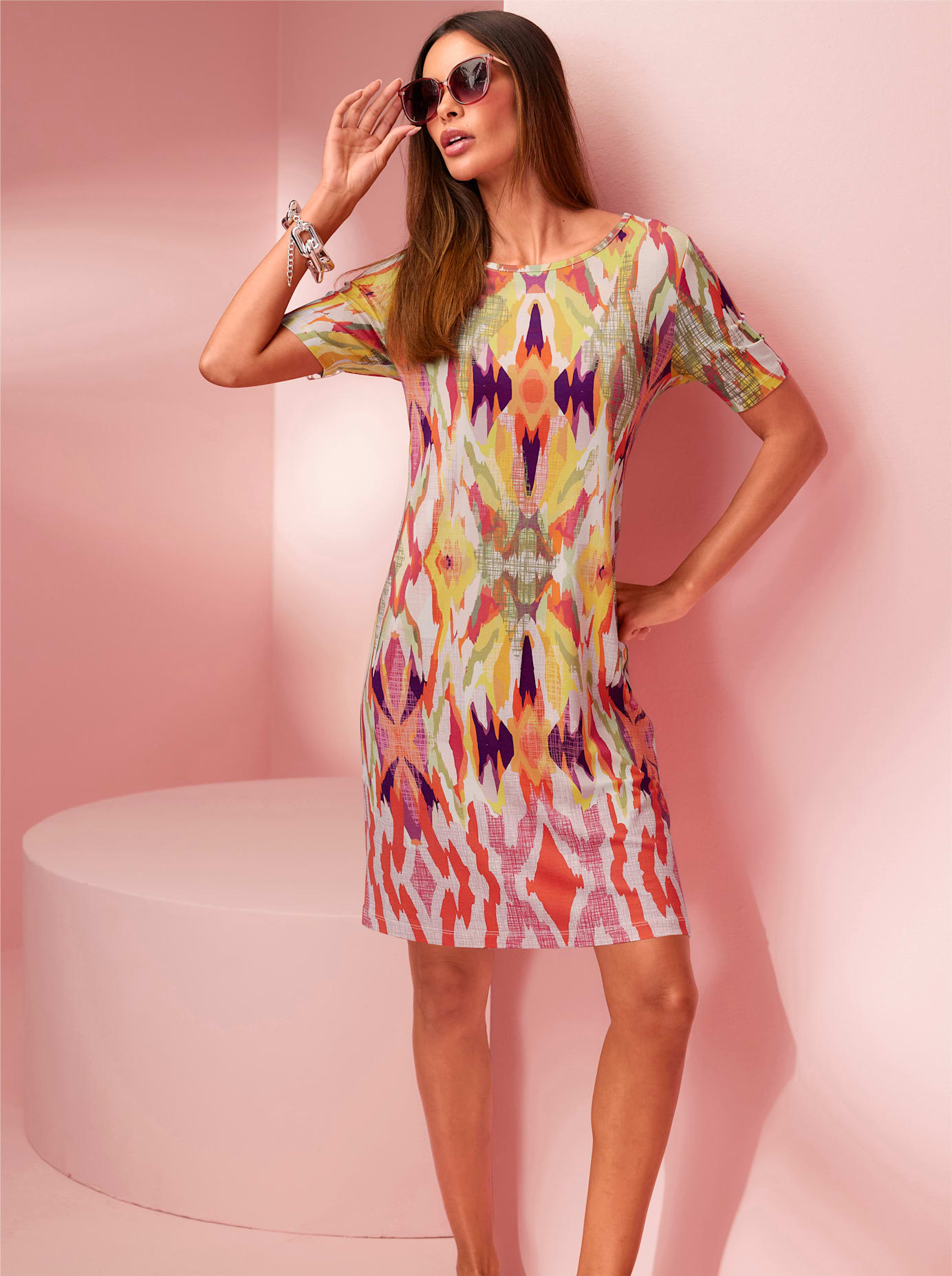 Jerseykleid HEINE "Jersey-Kleid", Damen, Gr. 34, Normalgrößen, bunt (orange, pink, bedruckt), Jersey, 95% Viskose, 5% Elasthan, bedruckt, gemustert, mehrfarbig, Rundhals, Kleider Image