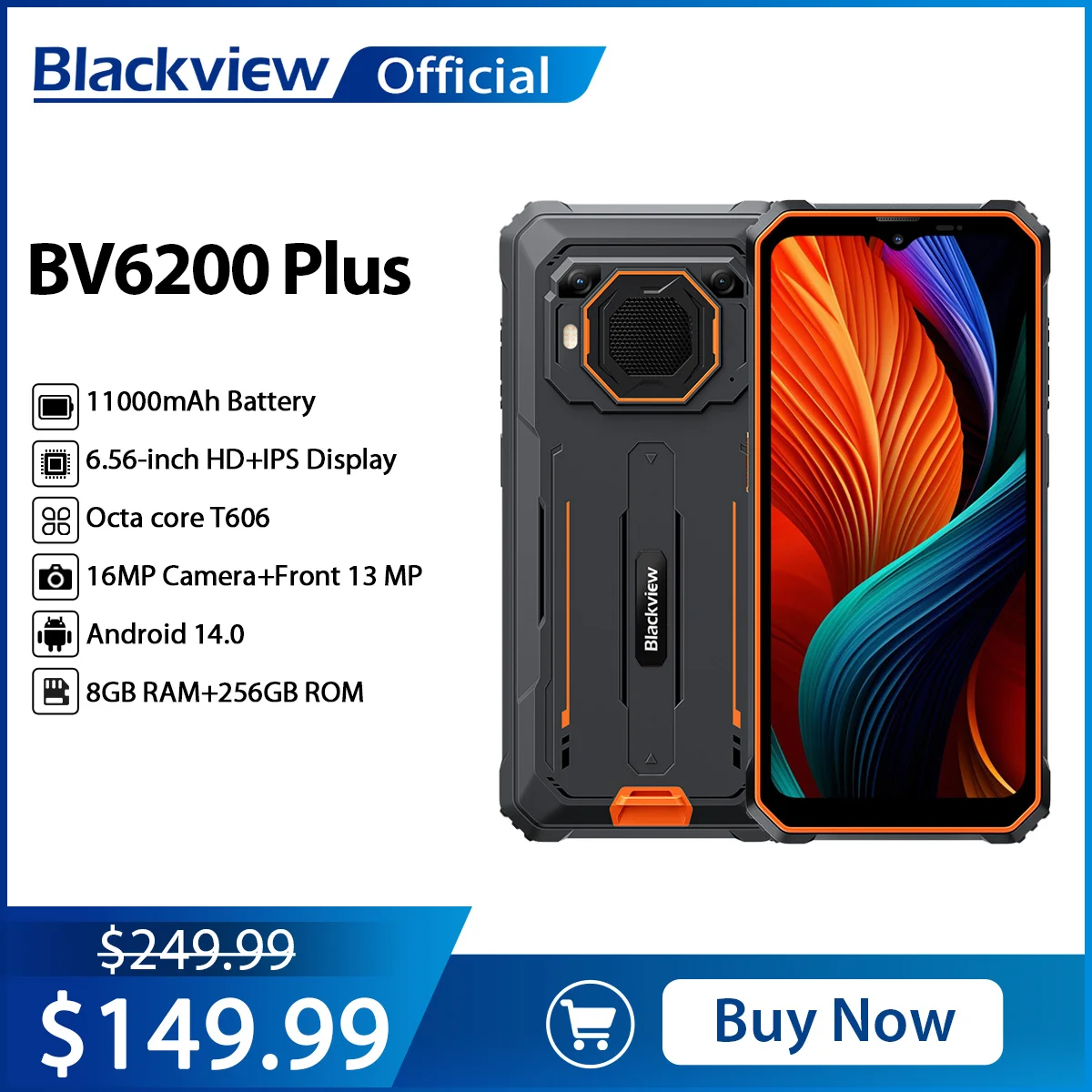 Blackview-Smartphone BV6200 Plus, téléphone portable robuste, 11000mAh, écran HD + 6.56, Octa Core T606, 8 Go, 256 Go, appareil photo AI 16MP + 2MP, Android 14