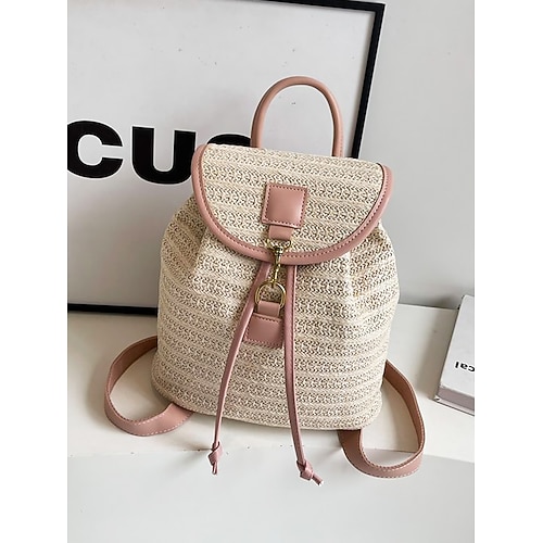 zaino in paglia per donna – borsa da viaggio in rattan intrecciato boho con cinturini in pelle, zaino da spiaggia estivo chic, borsa casual per le vacanze e l'uso quotidiano bianco rosa marrone