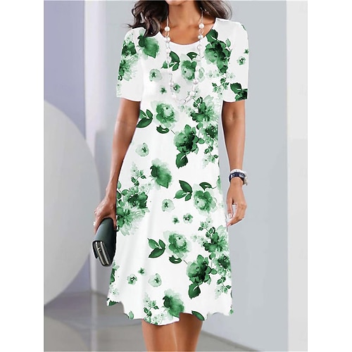 Abito midi elegante da donna per feste serali con scollo tondo e maniche corte abito casual abito shift estivo stile elegante vestibilità regolare grafica floreale nera e bianca rossa blu viola