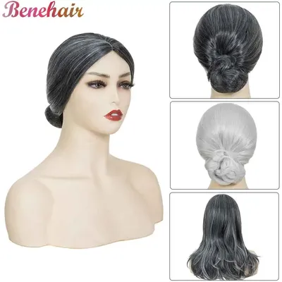 BENEHAIR Grandmother Hair Elderly Lady Costume Granny Wig With Bun Wigs for Daily Party Use Natural