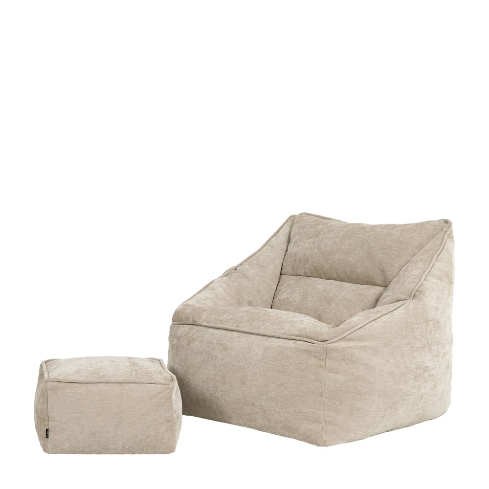 Pouf fauteuil et repose-pied carré en tissu chenille texturé beige