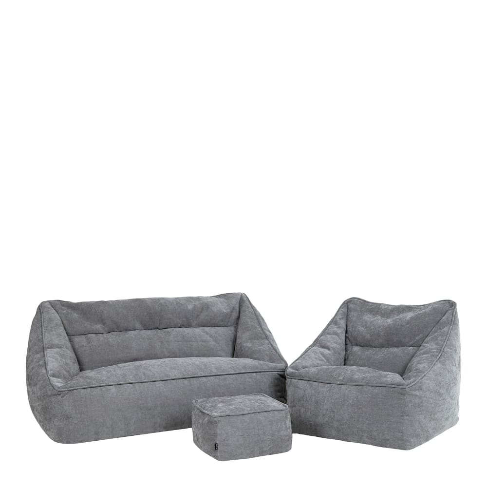 Lot 3 poufs chenille: canapé, fauteuil et repose-pieds carré, gris