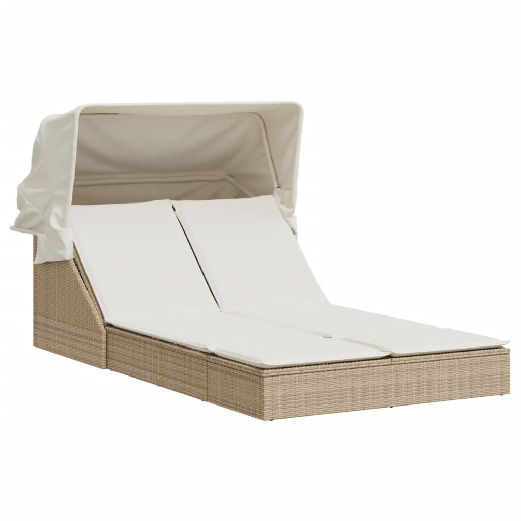 vidaXL Doppel-Sonnenliege mit Dach und Auflagen Beige Poly Rattan Image