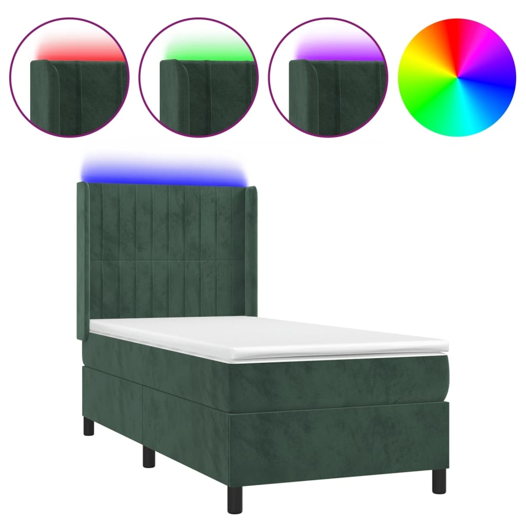 vidaXL Boxspringbett mit Matratze & LED Dunkelgrün 90x200 cm Samt Image