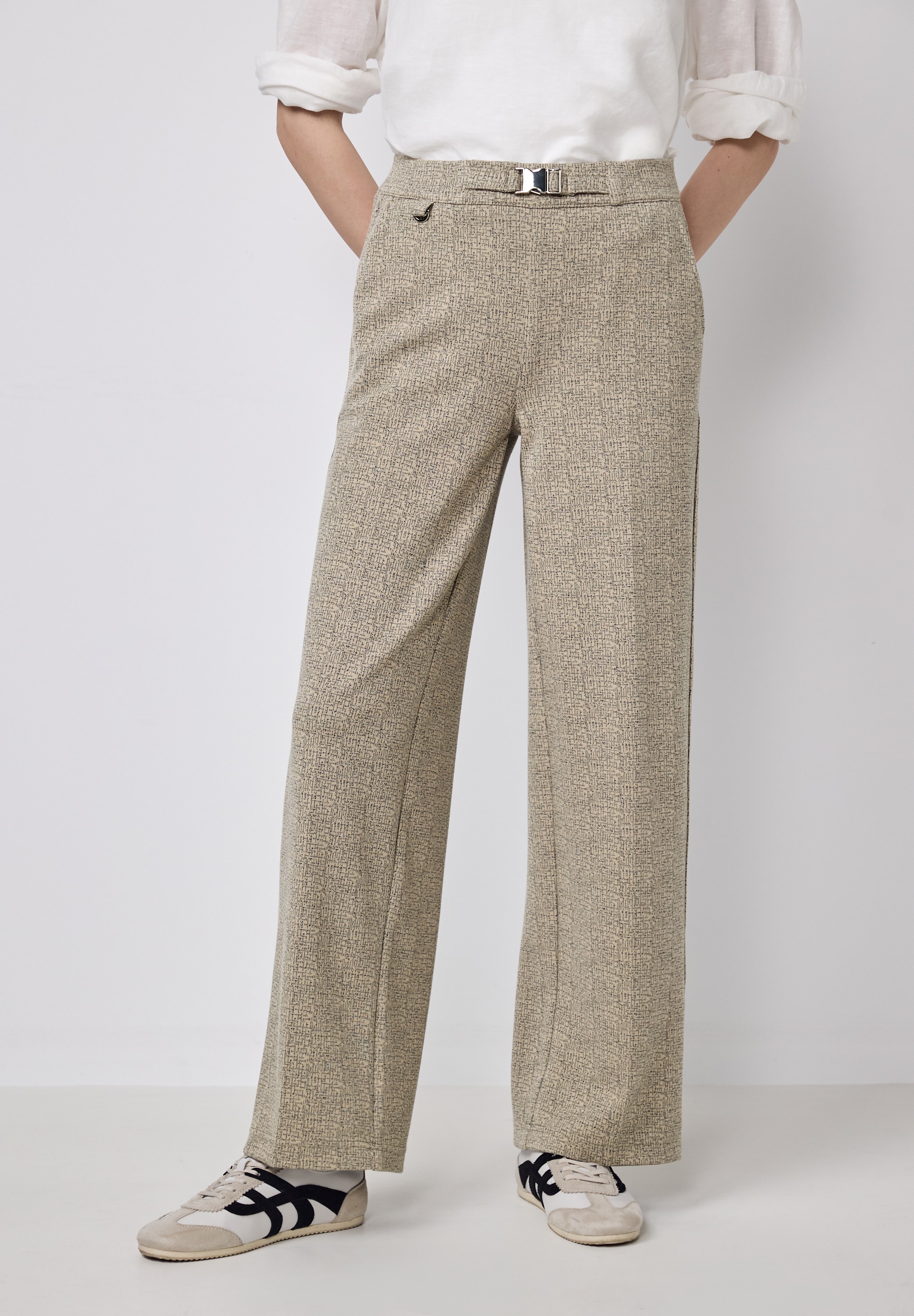Stoffhose STREET ONE STUDIO, Damen, Gr. 42, Länge 30, beige (clove beige), Stoff, 70% Polyester, 25% Viskose, 5% Elasthan, meliert, loose fit lang, Hosen Stoffhose, High Waist