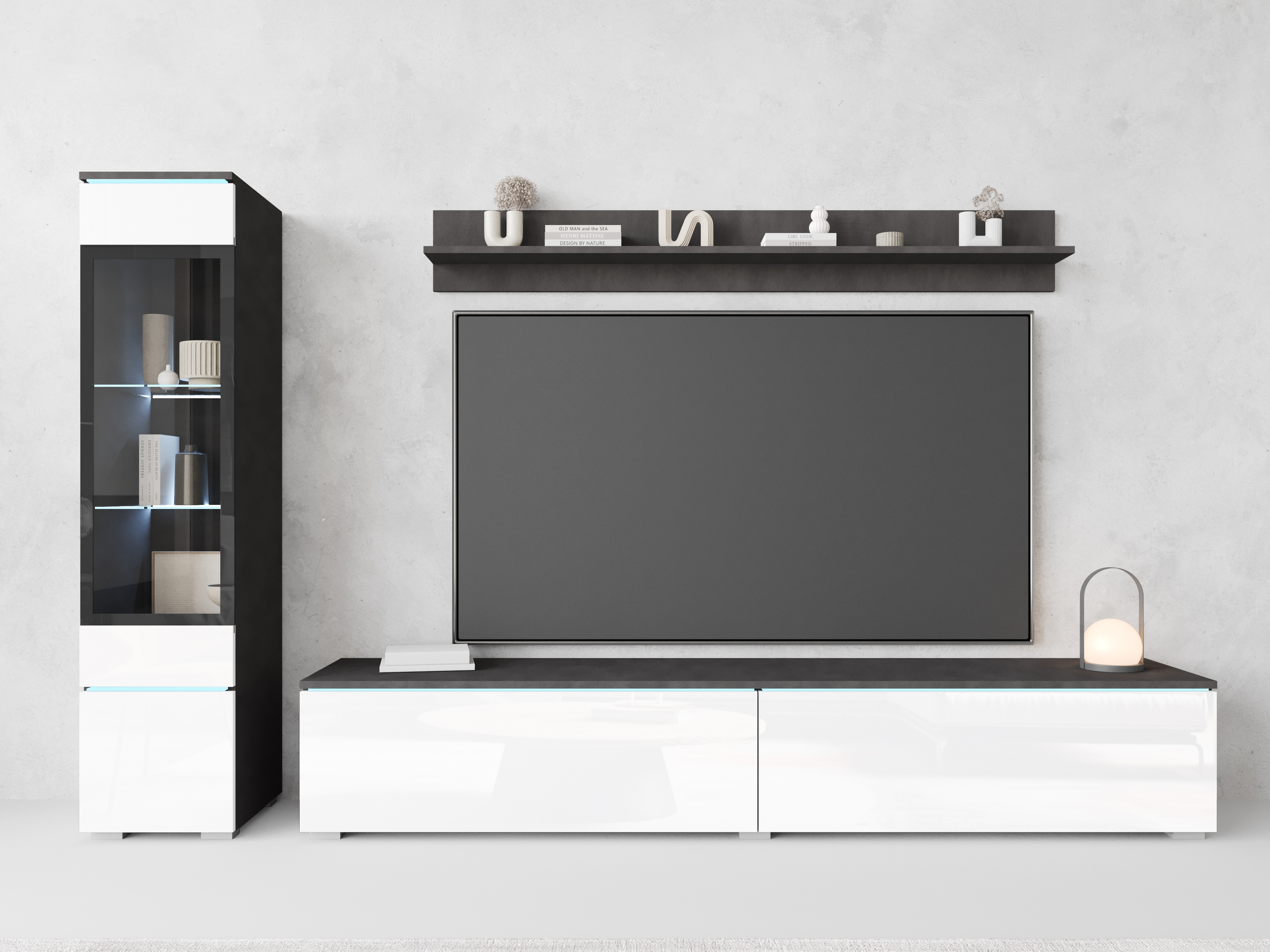 Wohnwand INOSIGN "VERA I, Vitrinen Türanschlag links/rechts wechselbar", weiß (mathera antrazit, weiß hochglanz), B:230cm H:130cm T:33cm, Kastenmöbel-Sets, Vitrine mit Verglasung, stehend und hängend, inklusive Beleuchtung