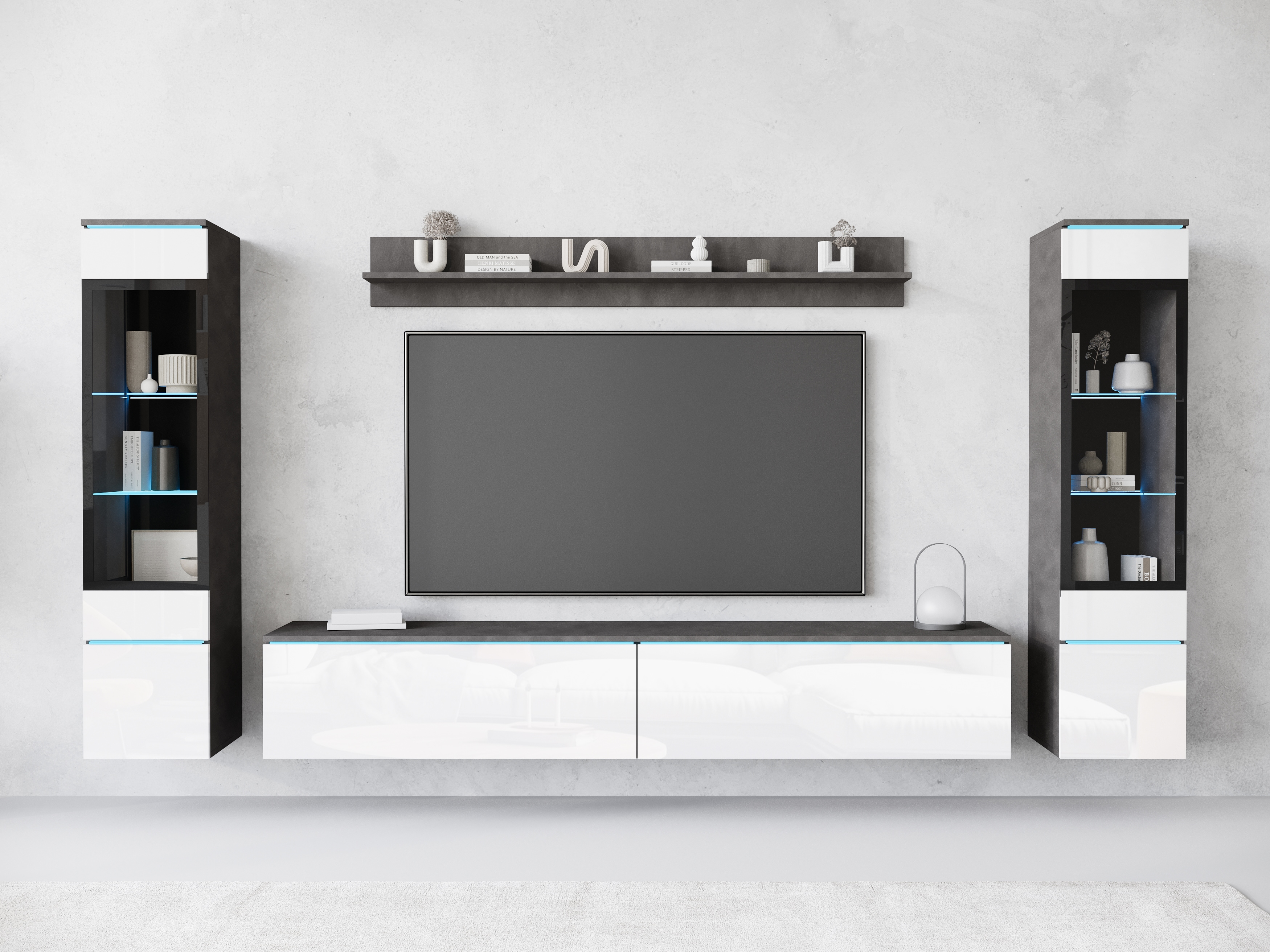 Wohnwand INOSIGN "VERA II", grau (mathera antrazit, weiß hochglanz), B:260cm H:130cm T:33cm, Kastenmöbel-Sets, Vitrine mit Verglasung, stehend und hängend, inklusive Beleuchtung, Topseller