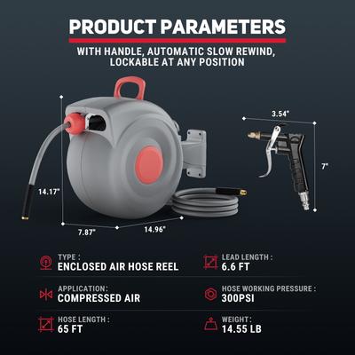 Retractable Air Hose Reel, 3/8 In Auto Rewind Air Hose Reel with Air Blow Gun, Air Compressor Hose Reel