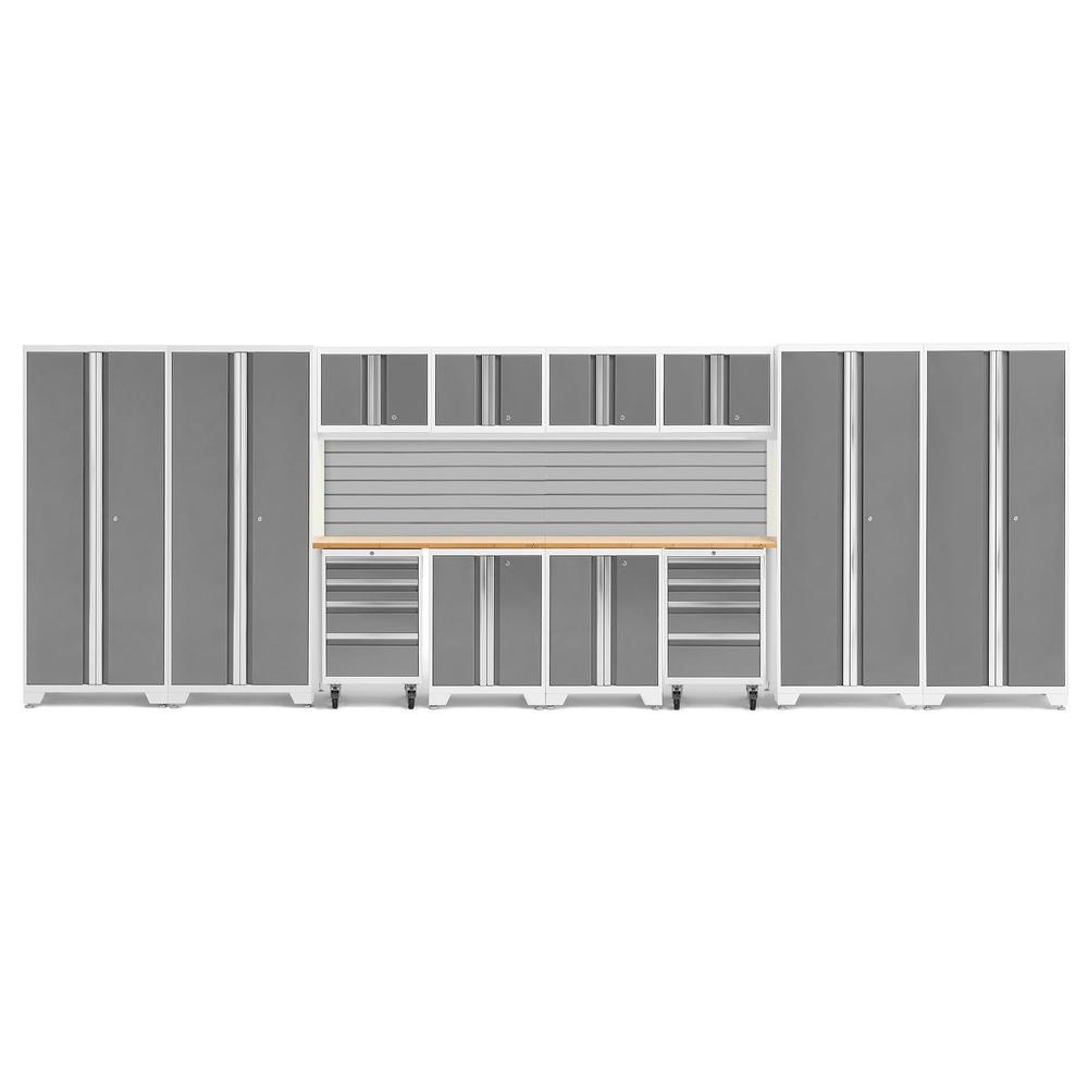 Newage Products Bold 3.0 Series 14-Piece Garage Cabinet Set With 4X Multi-Use Lockers, Platinum / Bamboo Worktop / Slatwall Backsplash