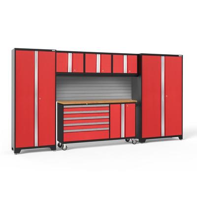 Newage Products Bold 3.0 Series 6-Piece Garage Cabinet Set With Project Center, Red / Bamboo Worktop / Slatwall Backsplash