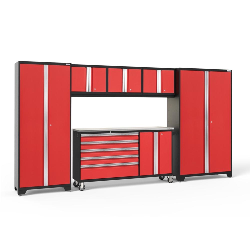 Newage Products Bold 3.0 Series 6-Piece Garage Cabinet Set With Project Center, Red / Stainless Steel Worktop / LED Lights