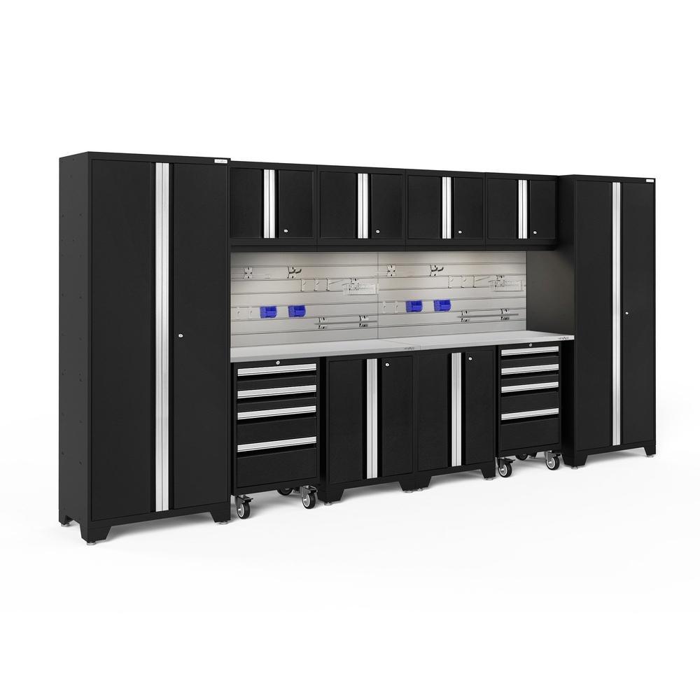 Newage Products Bold 3.0 Series 12-Piece Garage Cabinet Set With 2X Rolling Tool Cabinets, Black / Stainless Steel Worktop / LED Lights + Slatwall Backsplash + Hook Kit