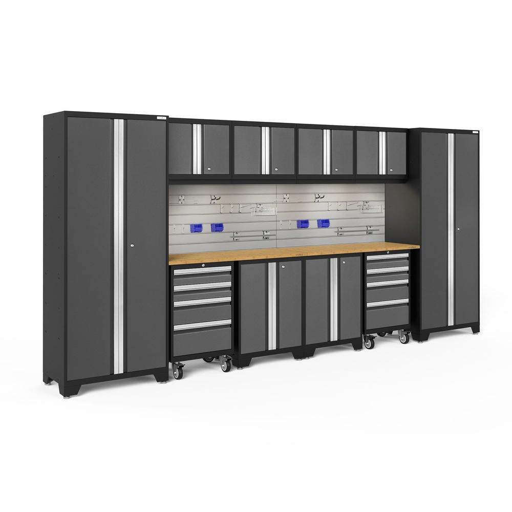 Newage Products Bold 3.0 Series 12-Piece Garage Cabinet Set With 2X Rolling Tool Cabinets, Grey / Bamboo Worktop / LED Lights + Slatwall Backsplash + Hook Kit