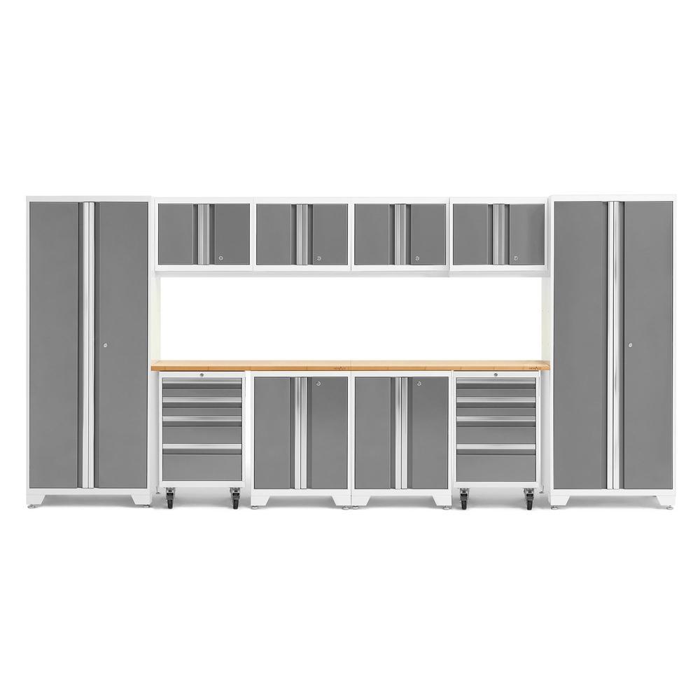 Newage Products Bold 3.0 Series 12-Piece Garage Cabinet Set With 2X Rolling Tool Cabinets, Platinum / Bamboo Worktop / LED Lights