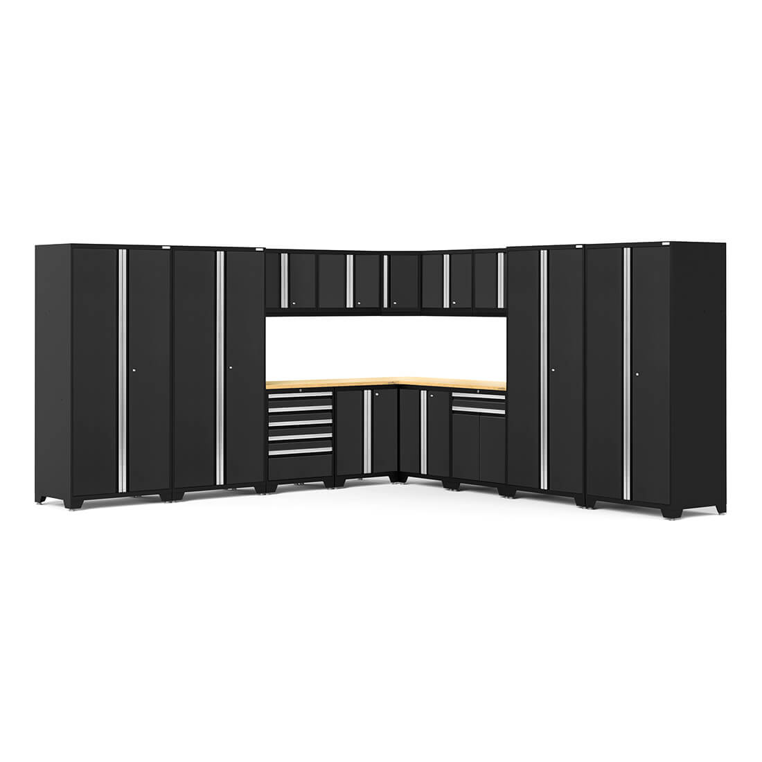 Newage Products Pro 3.0 Series 16-Piece Garage Cabinet Corner Set, Black / Bamboo Worktop / LED Lights
