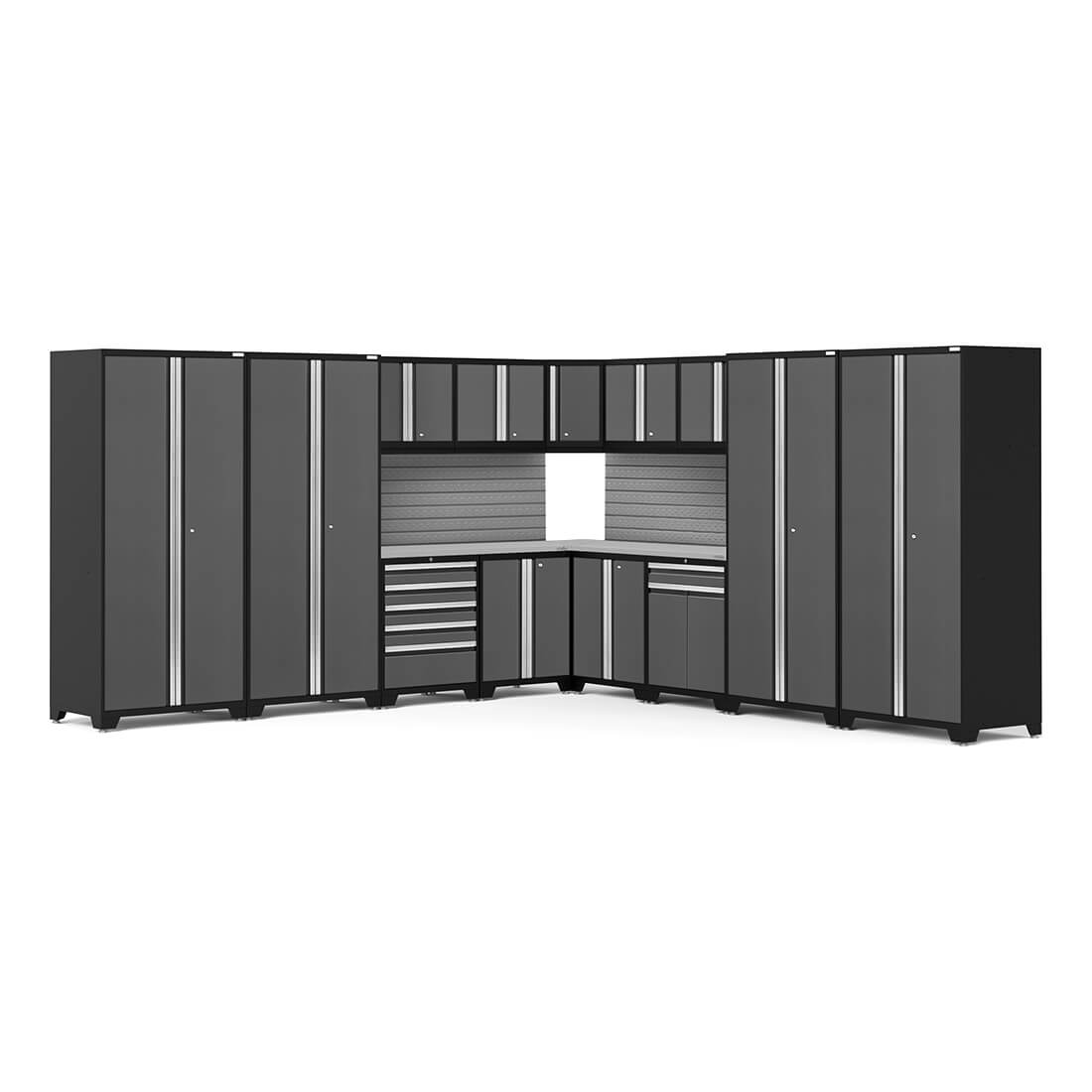 Newage Products Pro 3.0 Series 16-Piece Garage Cabinet Corner Set, Grey / Stainless Steel Worktop / Slatwall Backsplash